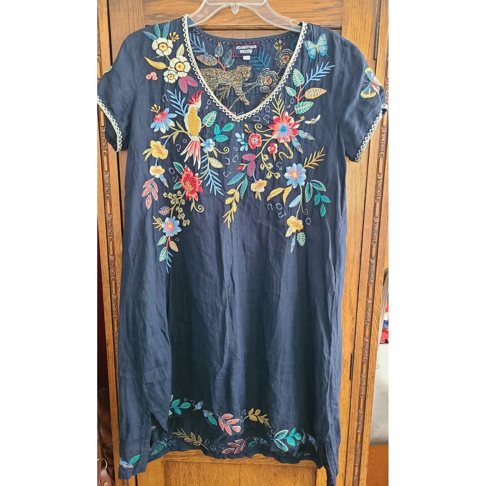 Johnny Was Workshop Navy Ramie Embroidered Floral Leopard Tunic Dress Small Boho